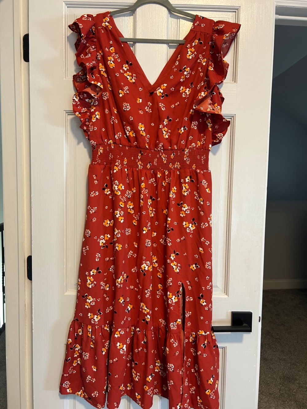 Express Women's Orange Floral Ruffle Midi Dress